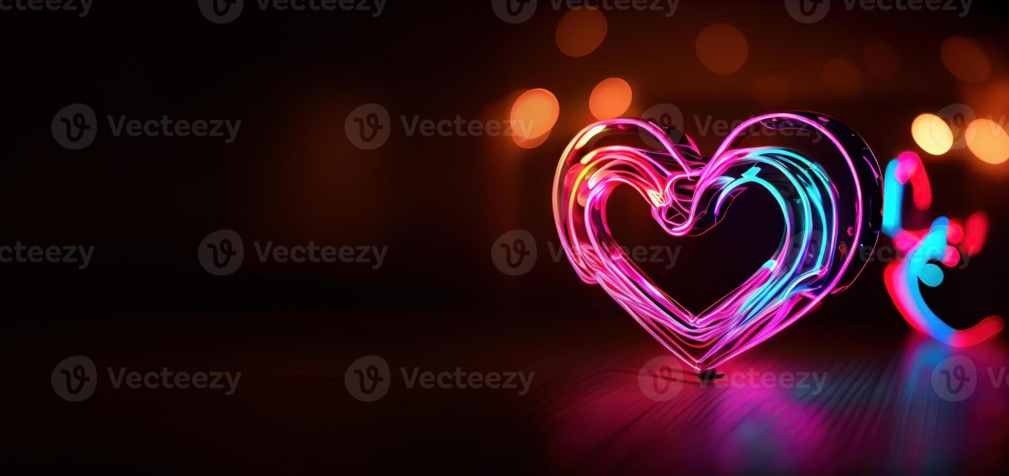 illustration of love heart neon light, decor, bright light, romantic. Love and valentine day concept. Neural network generated art. Digitally generated image. photo