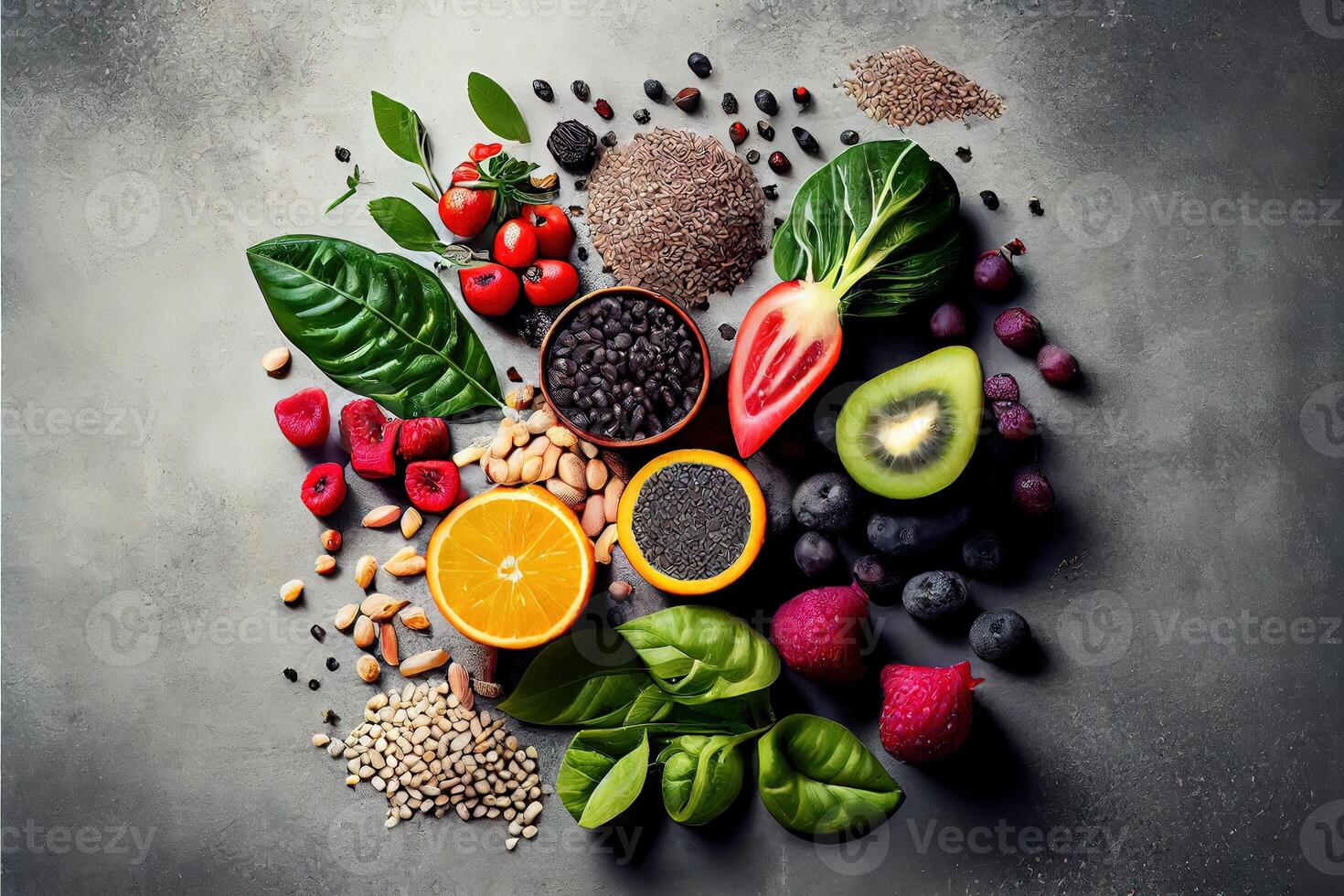 illustration of healthy food clean eating selection on gray concrete background photo
