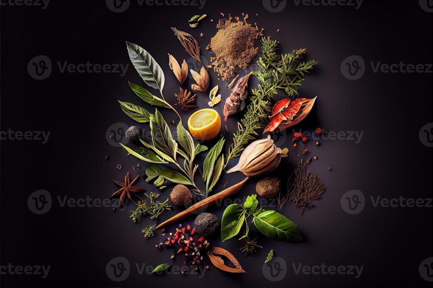 illustration of wide variety spices and herbs on background of black table, with empty space photo