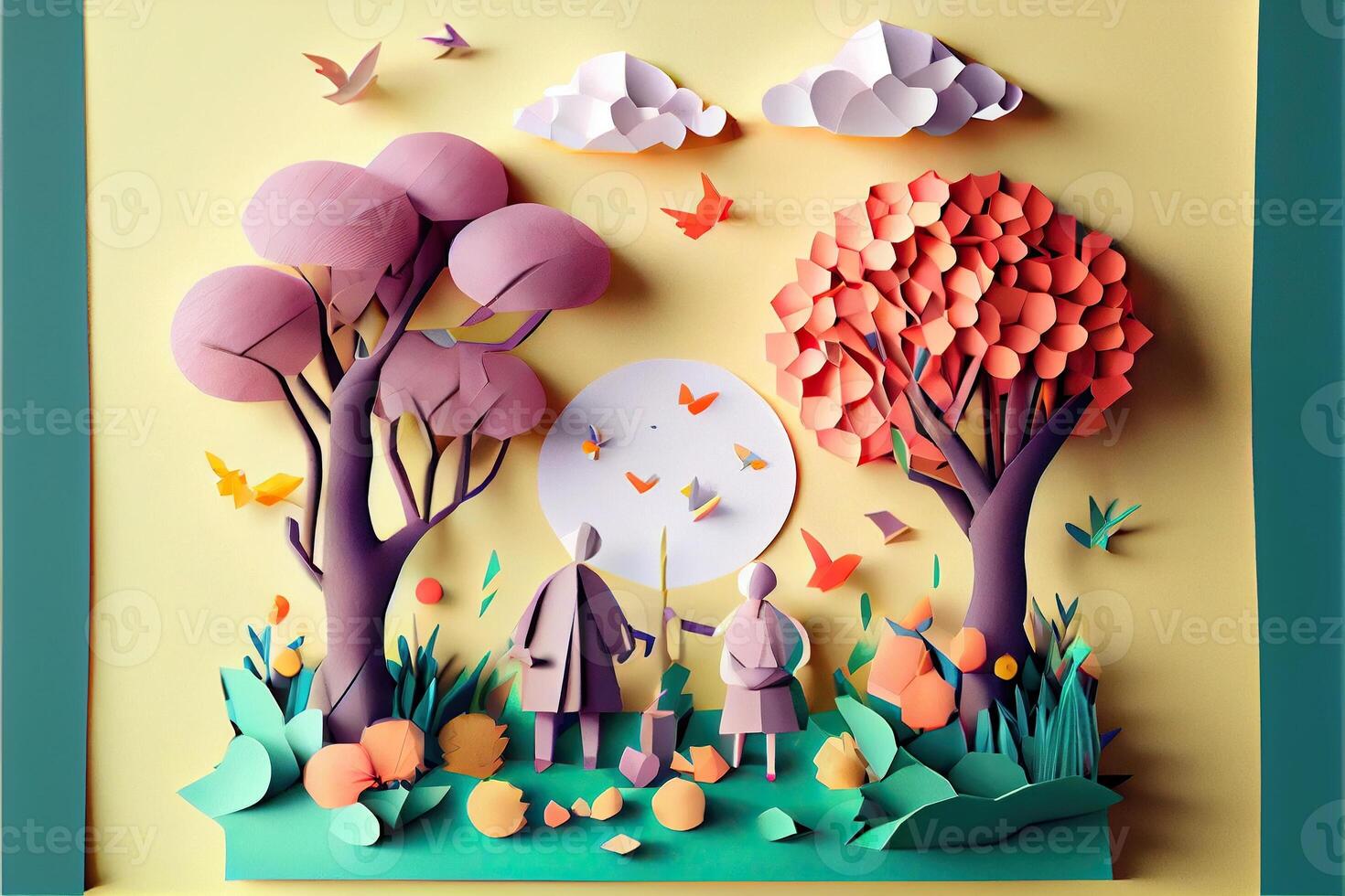 illustration of origami spring background, joyful elderly, happy family with parent, colorful. Paper cut craft, 3d paper illustration style, pop color. Neural network generated art. photo