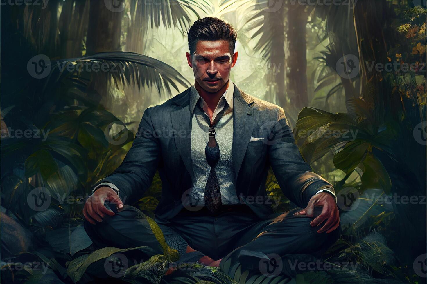 illustration of business man meditating in the jungle photo