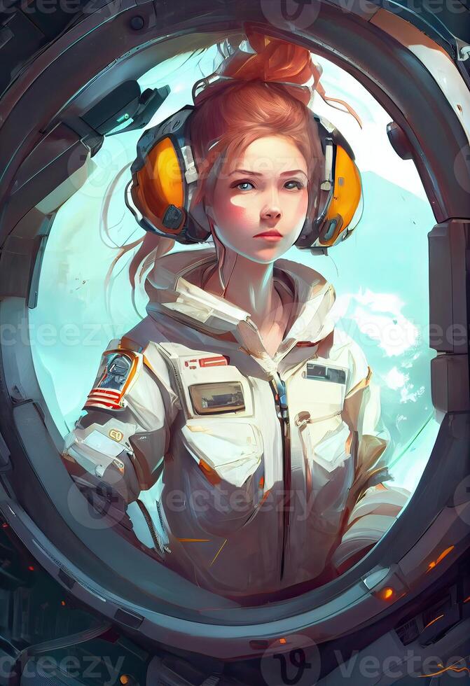 generativo ai ilustración de el niña es el capitán de un astronave, un blanco traje espacial, un panel, un enorme porta foto