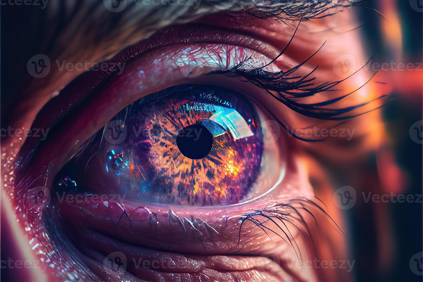 illustration of sadness is seen deep inside, mirroring, hyper realistic, colorful, cinematic lighting, close macro photo shot of an eye of old man.