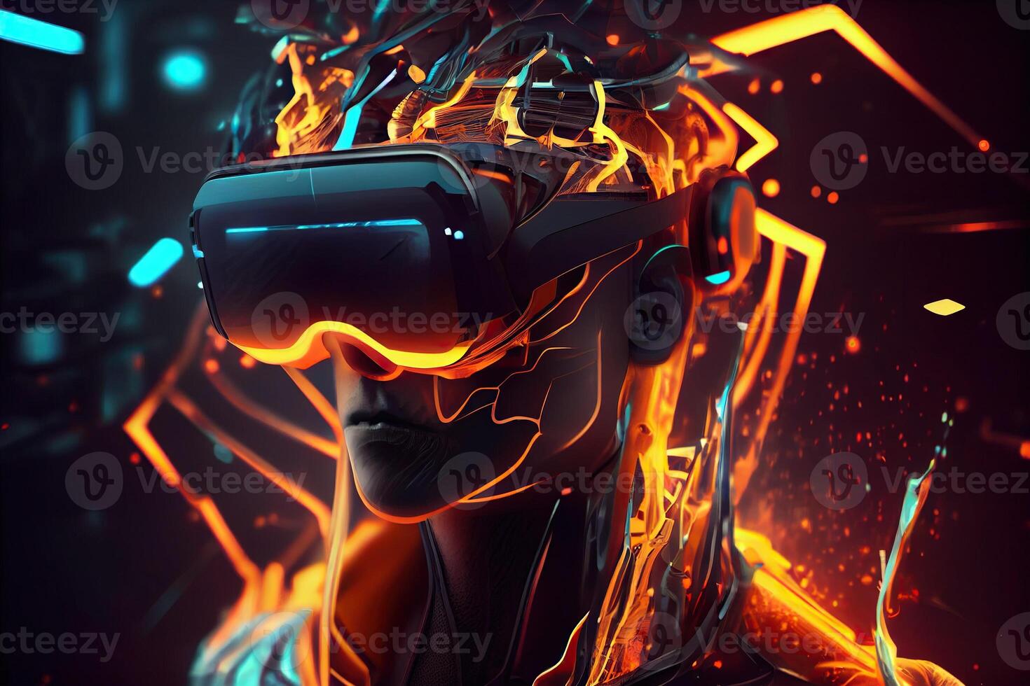 illustration of Metaverse concept and virtual world elements. Side view of human face in augmented or virtual reality headset inside the metaverse photo