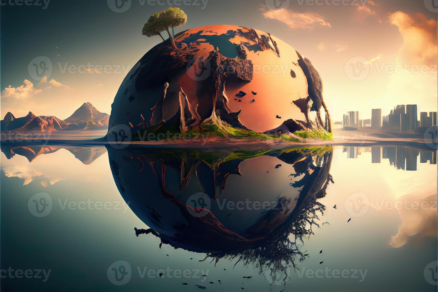 illustration of landscape with ecological disaster. Polluted earth and ocean photo