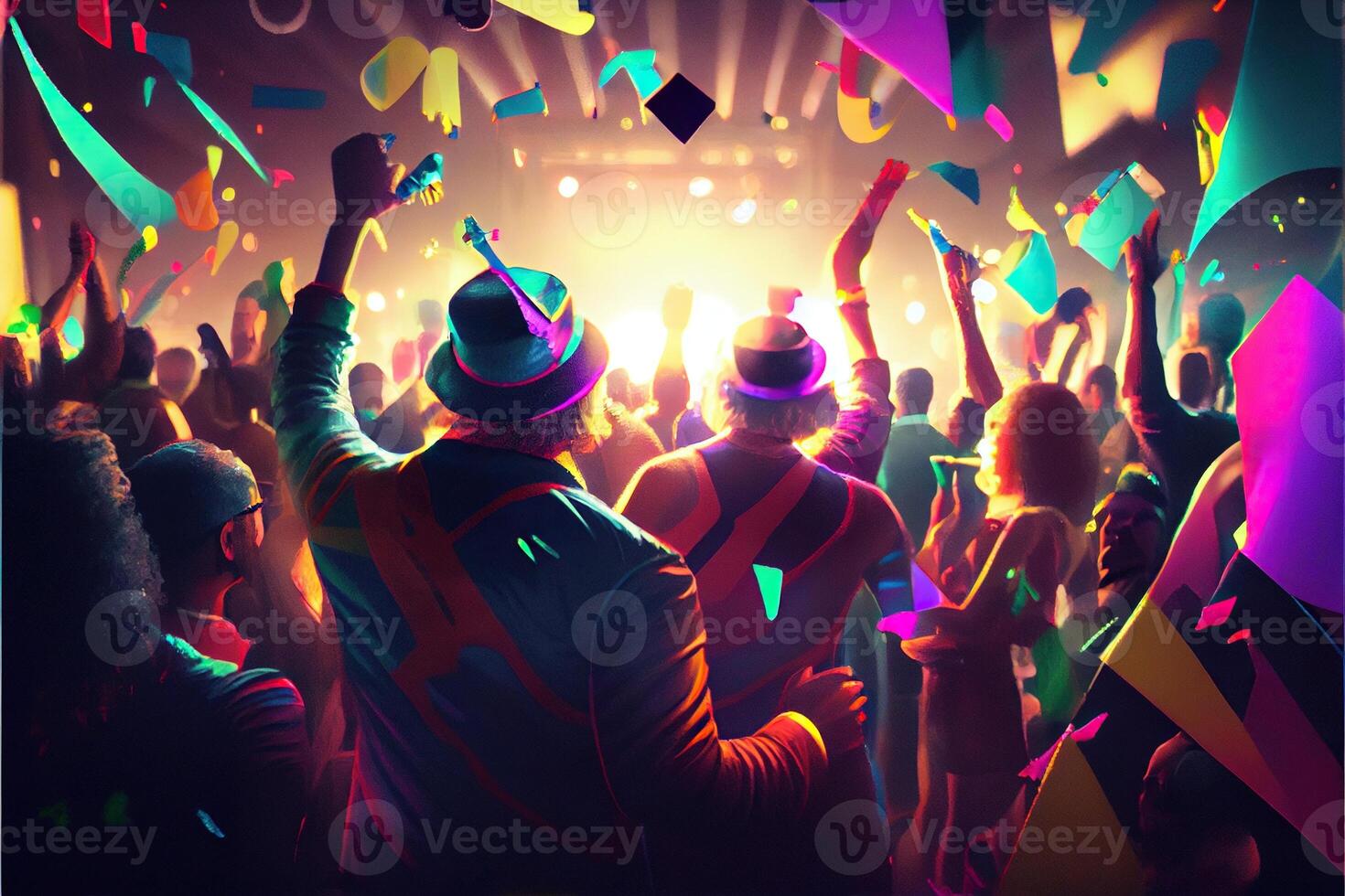 illustration of New Year's Eve party background, pop color, group of people dancing and joyful, countdown, neural network generated art. Digitally painting, generated image. photo