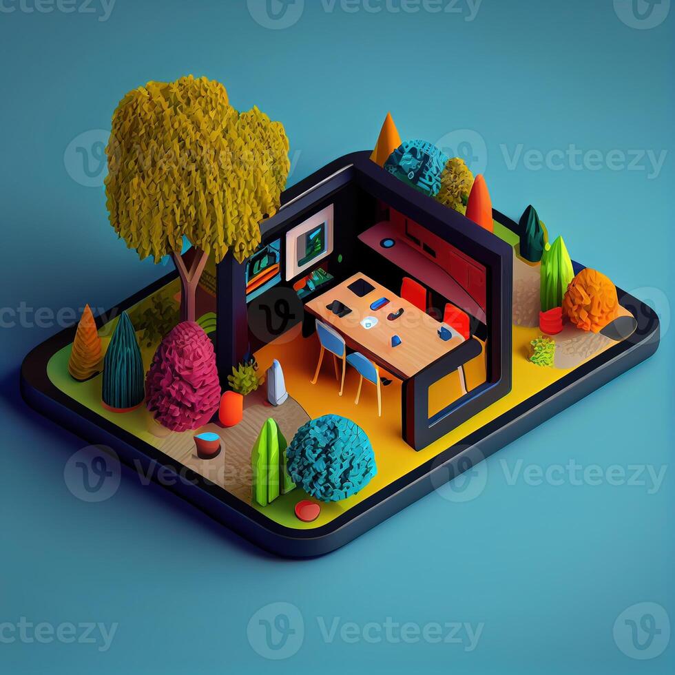 illustration of Office on smart phone, isometric diorama, land plot, pop color, colorful. Digitally generated image photo