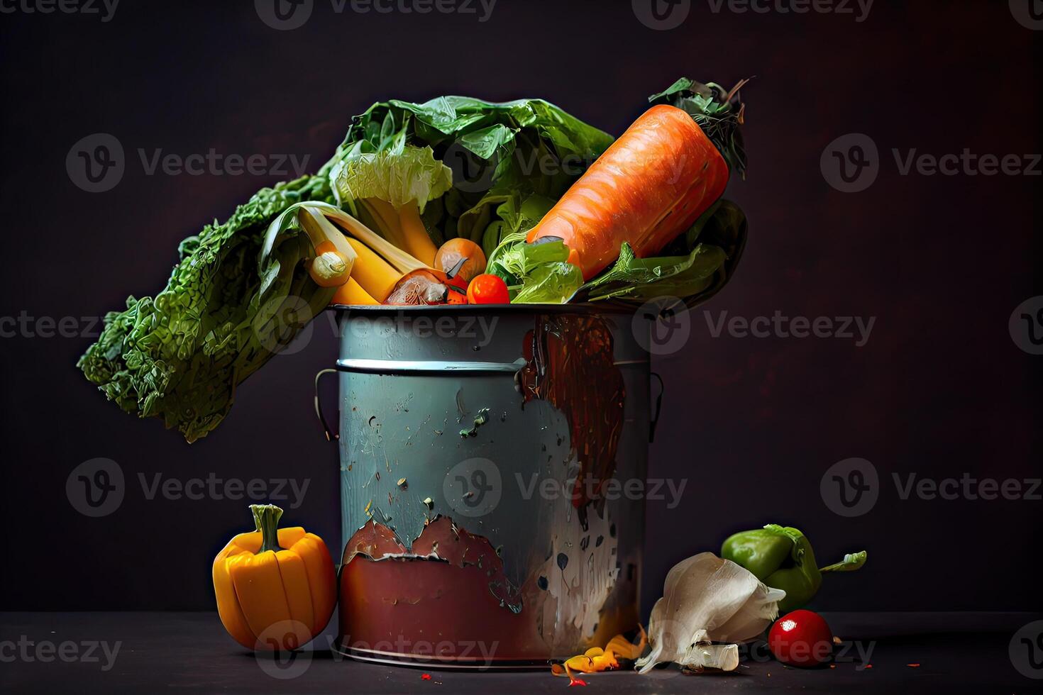 illustration of Unused, rotten veggies are disposed of in the trash. Food Waste and Food Loss Getting Rid of Food Waste at Home photo