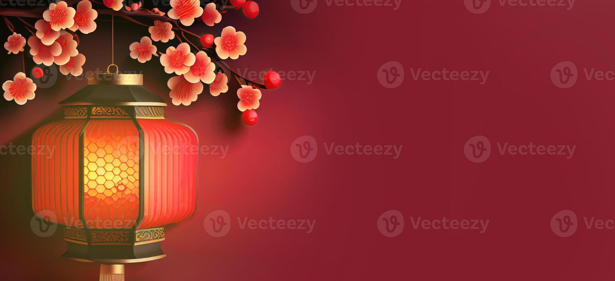 illustration of Chinese traditional red festival background with a chinese red plum blossom, lantern, spring festival, new year, chinese traditional culture element photo