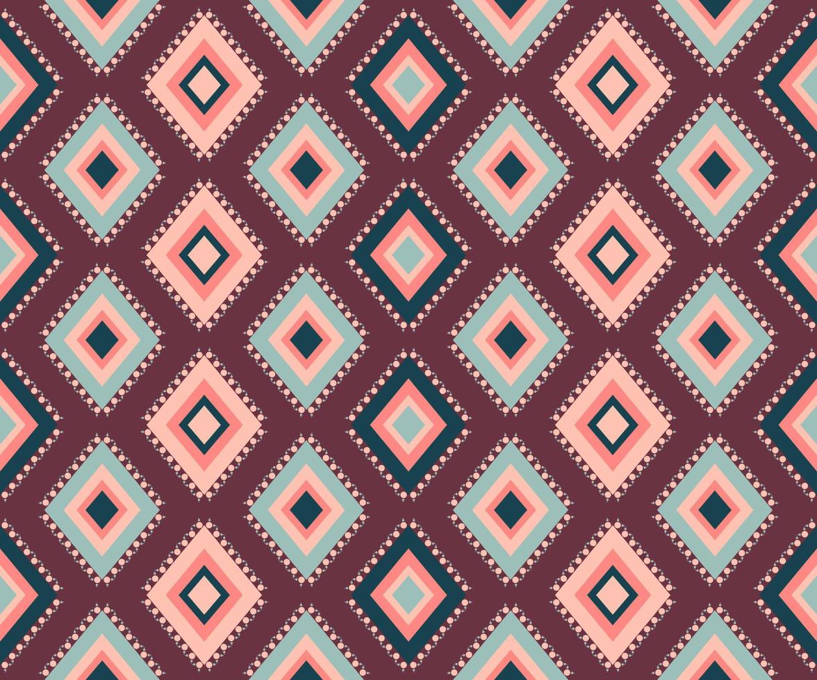 Ethnic folk geometric seamless pattern in red, brown and cyan tone in vector illustration design for fabric, mat, carpet, scarf, wrapping paper, tile and more
