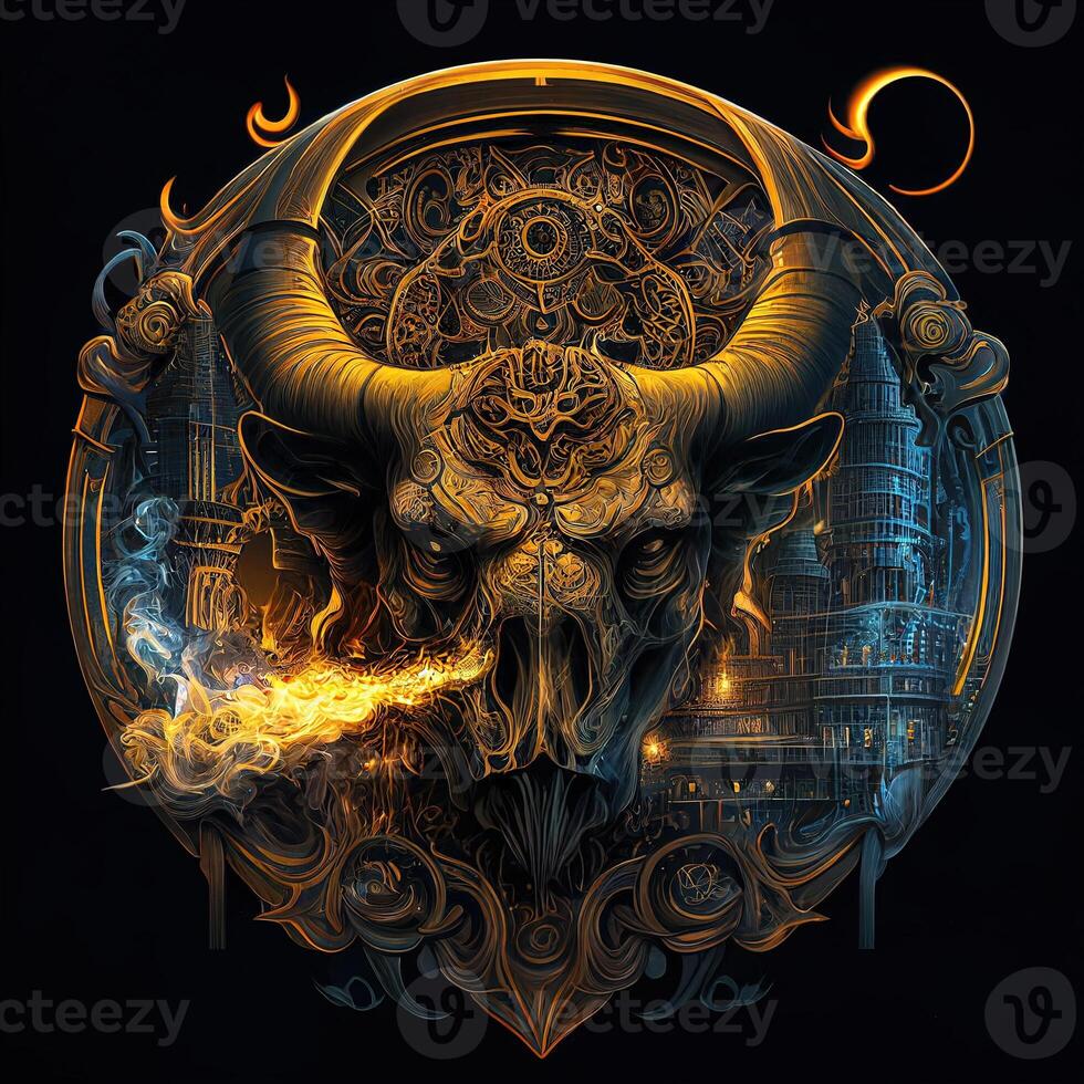 illustration of cyberpunk Zodiac sign with a industrial smoke, mechanic detail on shoulders, pollution, centered inside intricate gold and fire circle of city and Skyscrapers, steam punk photo