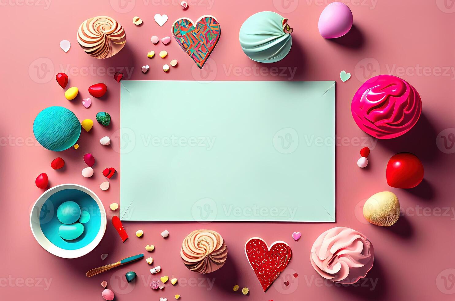 illustration of Valentine frame and banner. Red decoration. flat lay, romantic. Love and valentine day concept. Neural network generated art. Digitally generated image. photo