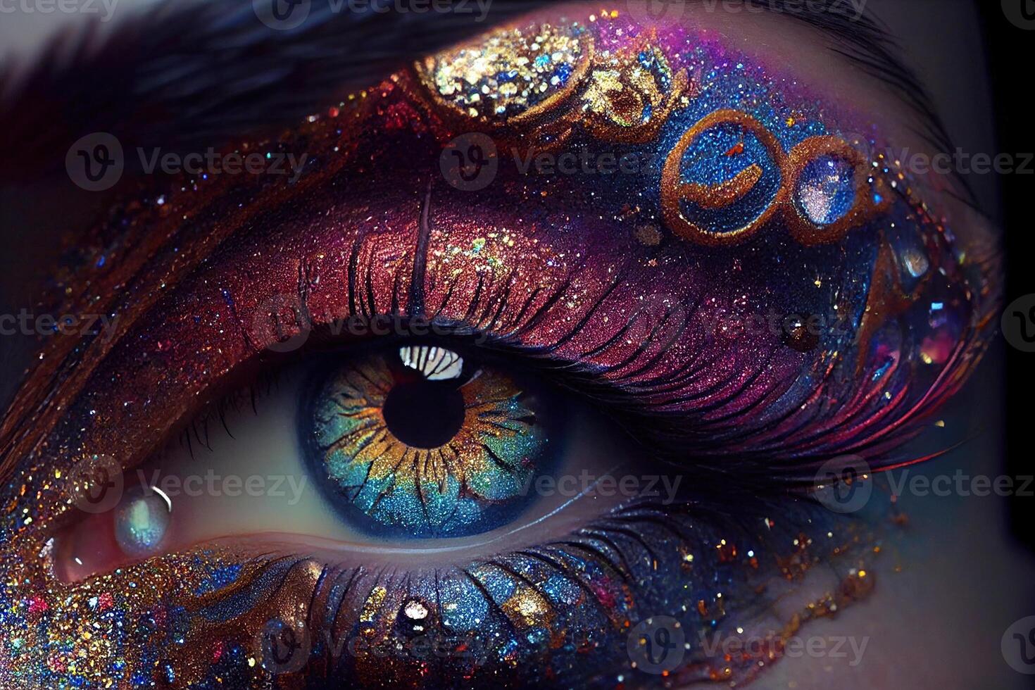 illustration of beautiful female eyes with carnival glass sparkly eyeshadow. Close focus. photo