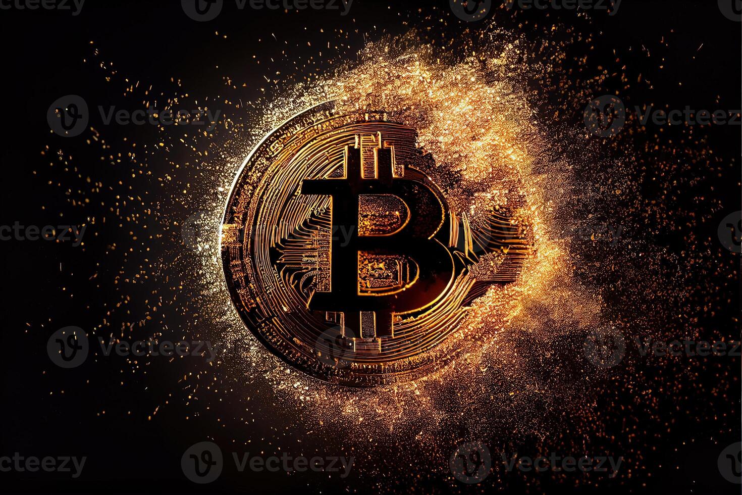 illustration of bitcoin sign on a gold coin , the coin glitters , bunches of golden sparks , black background photo