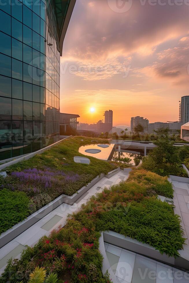 illustration of Gorgeous garden on the rooftop of a contemporary glass office building in Asia photo