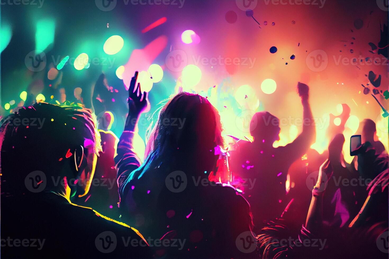 illustration of New Year's Eve party background, pop color, group of people dancing and joyful, countdown, neural network generated art. Digitally painting, generated image. photo