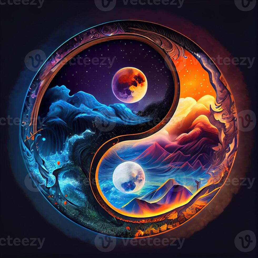 illustration of a mythical yin yang magic design made from carnival glass, fantasy sky background, masters of the darkness, fantasy epic atmosphere photo