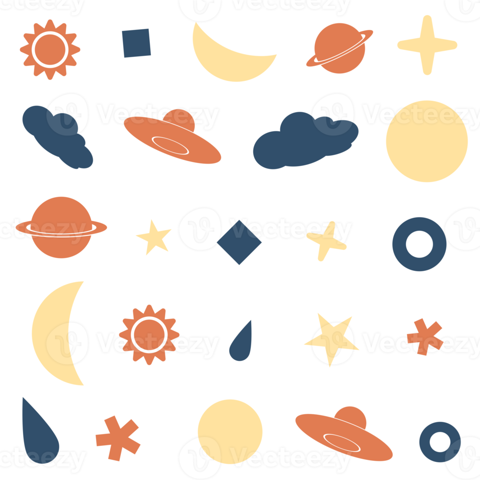 A Sticker of a sky at night with ufo, star, cloud, sun, moon, Saturn, raindrop, half moon, and ice in white, orange, and yellow with white edges, PNG transparent background, illustration