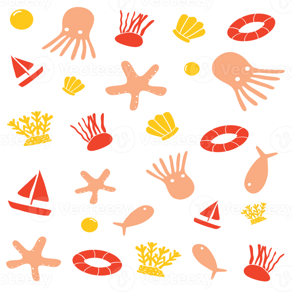 A Sticker of a Summertime at the Sea theme with squid, fish, sailboat, starfish, bubble, coral, shell, and calm in red, orange, and yellow with white edges, PNG transparent background, illustration