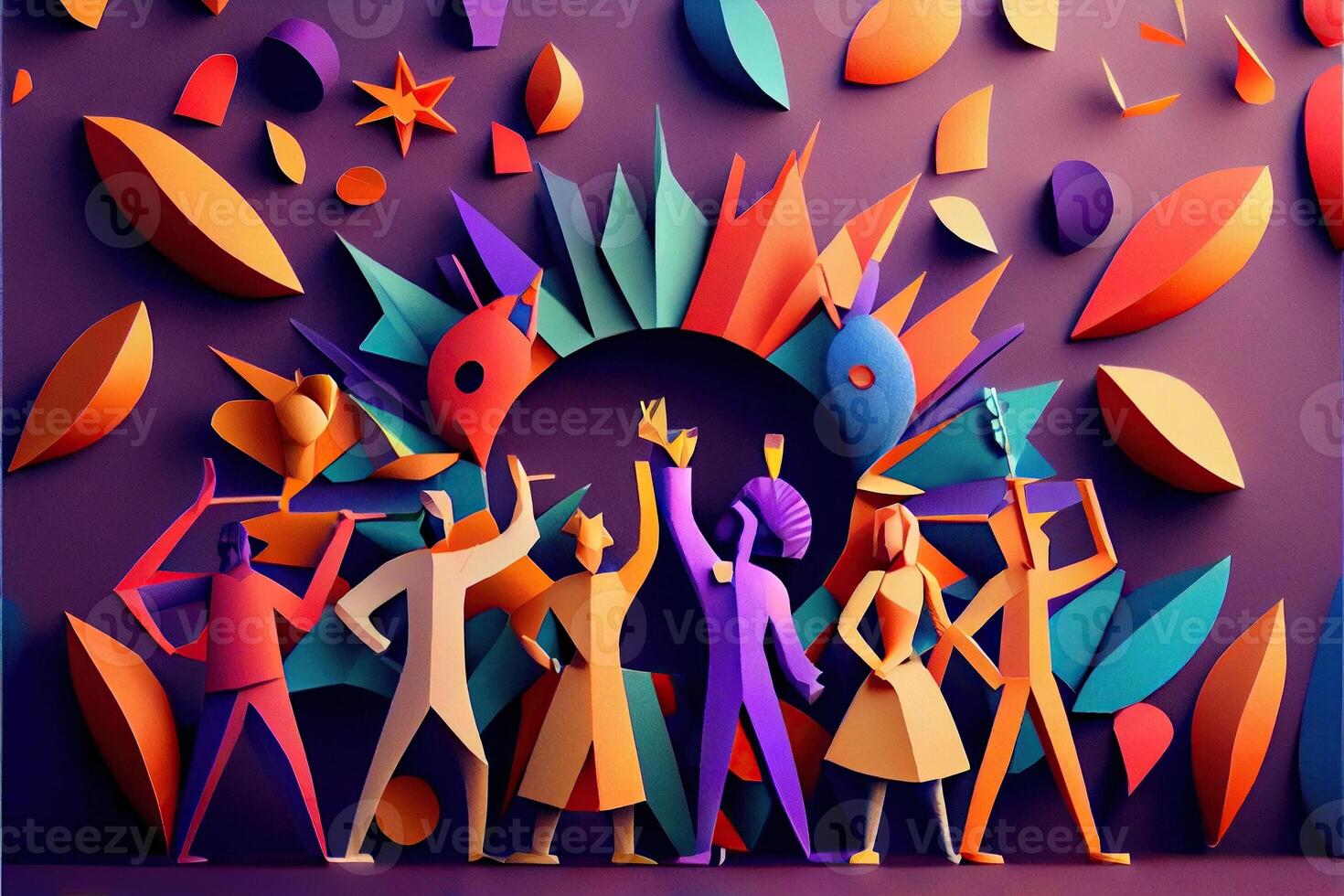 illustration of People in New Year's Eve party background, men and women celebrating holidays together, partying, cheering and dancing. Paper cut craft, 3d paper illustration style. photo