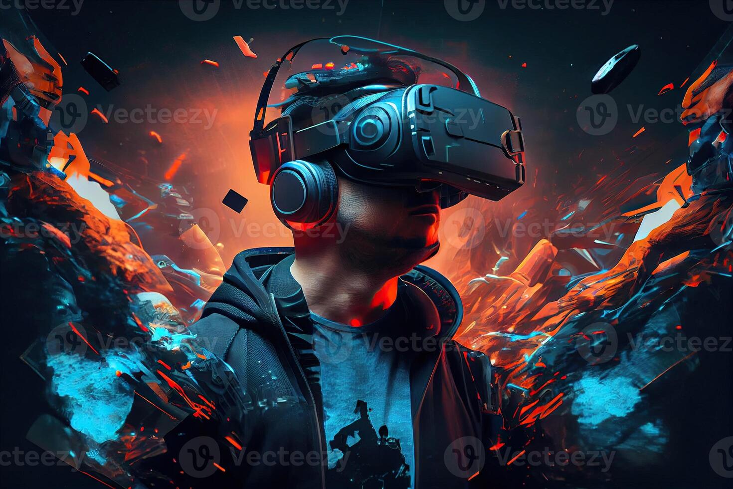 illustration of man with virtual reality VR goggle playing AR augmented reality game and entertainment, futuristic metaverse gameFi NFT game ideas photo