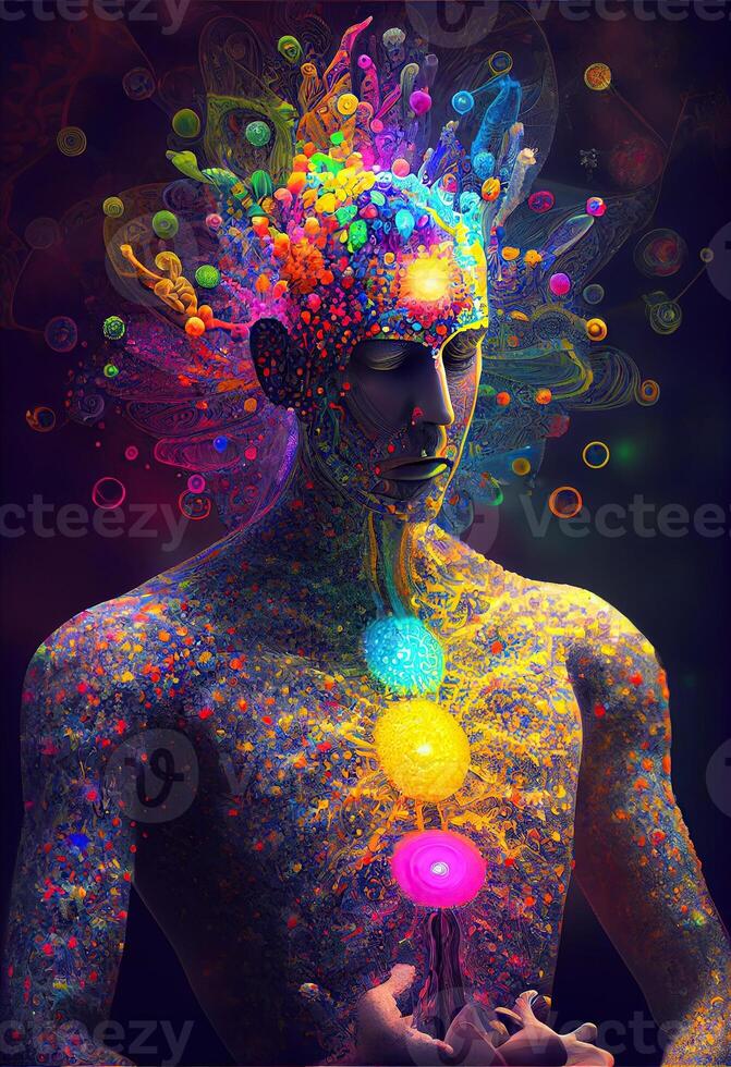 generativo ai ilustración de más alto, yoga relajarse frío fuera dmt visiones espíritu. 7 7 de colores chakras meditación dmt alucinaciones multiverso conectado mediante un nervioso sistema - trippy psicodélico foto