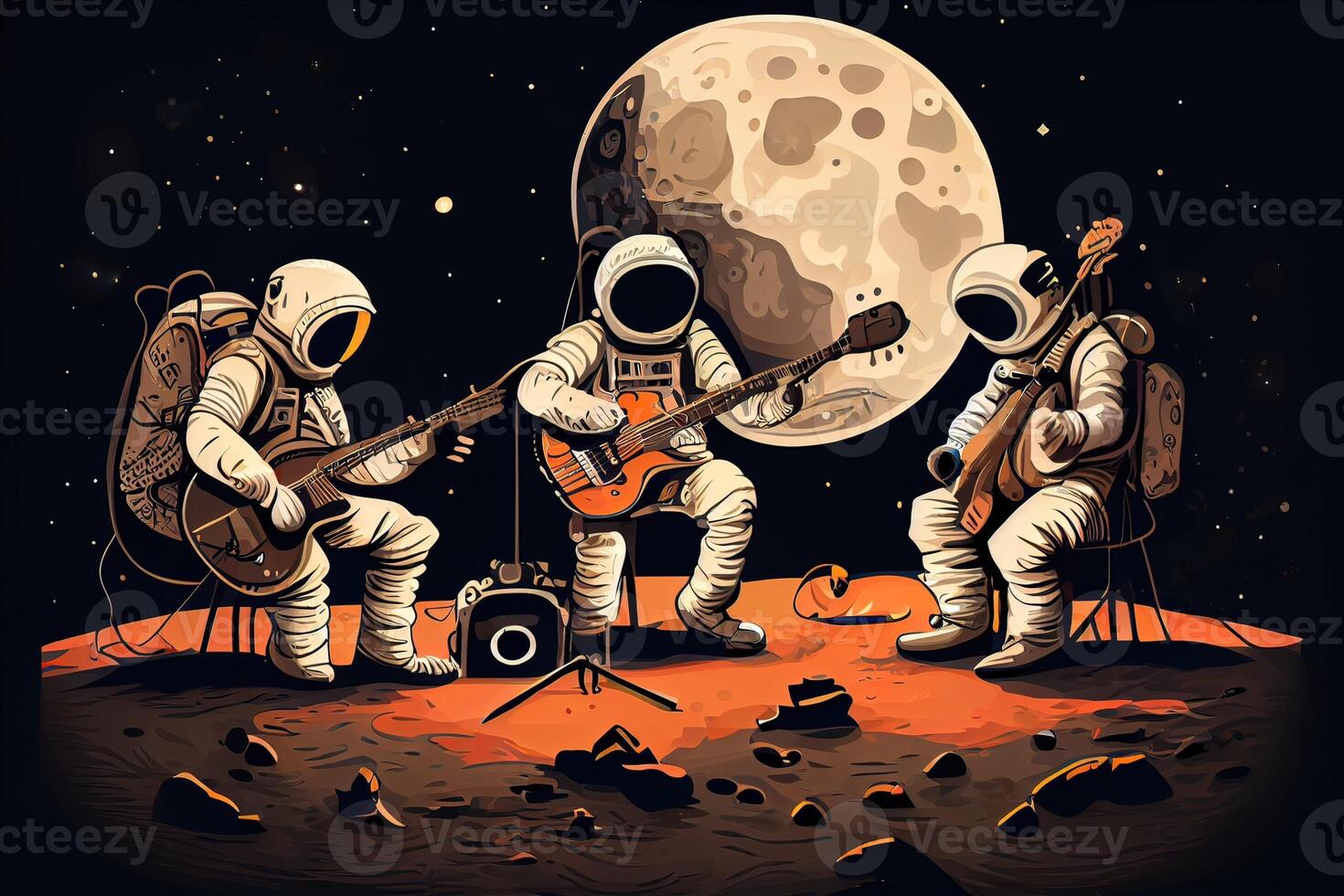 generativo ai ilustración de un trío de astronautas haciendo música en el lunar superficie foto