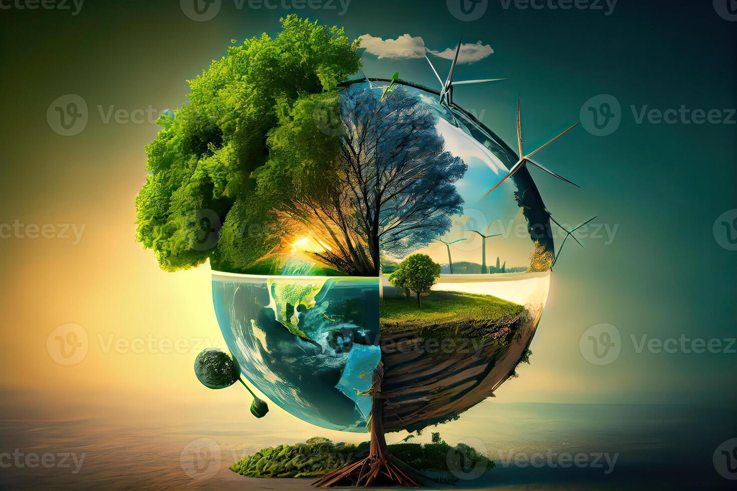 illustration of Green enterprises that rely on renewable energy can reduce climate change and global warming. without any emissions of carbon dioxide, a clean environment photo