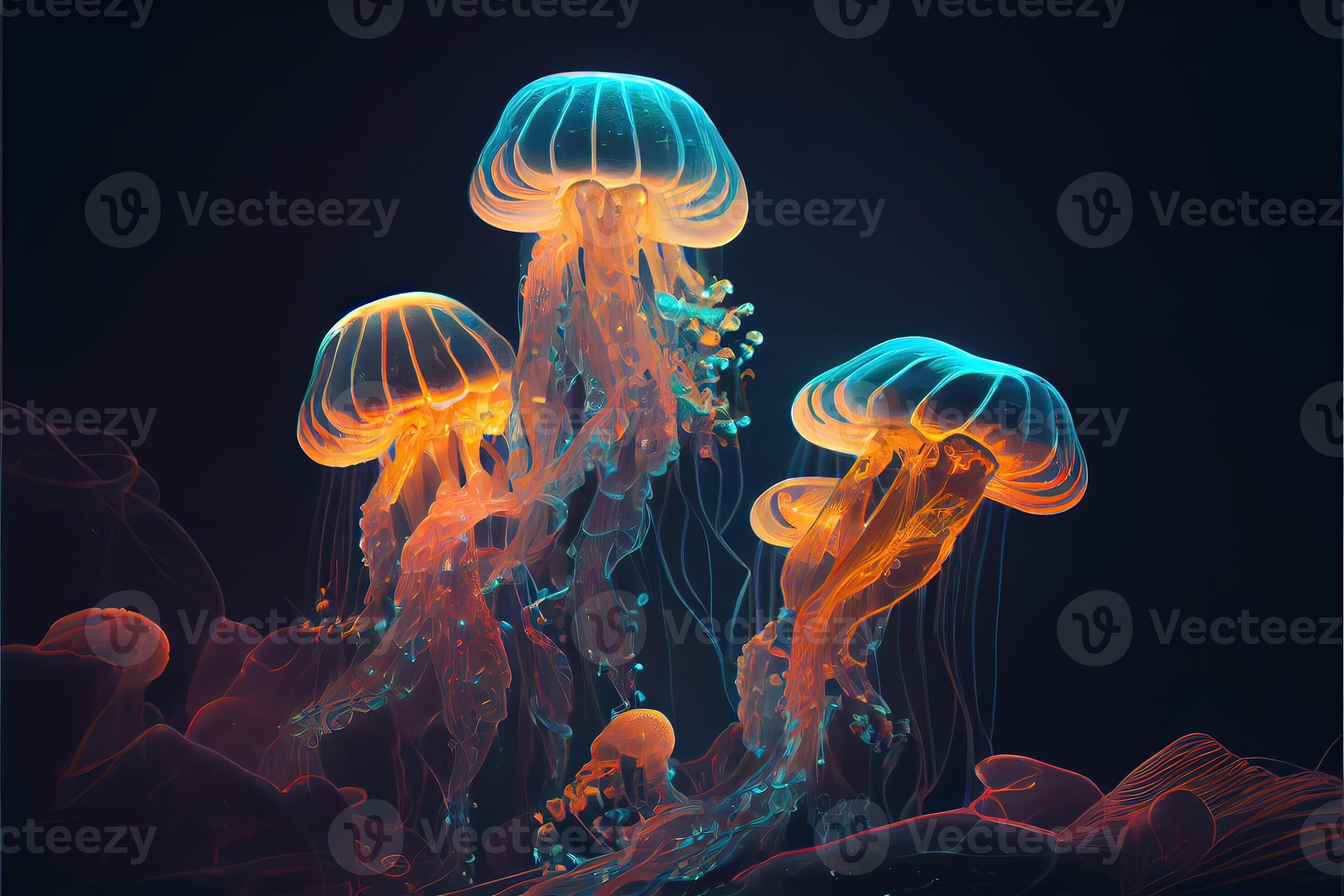 illustration of group of beautiful jelly fish glowing in the dark ocean, reflection, light