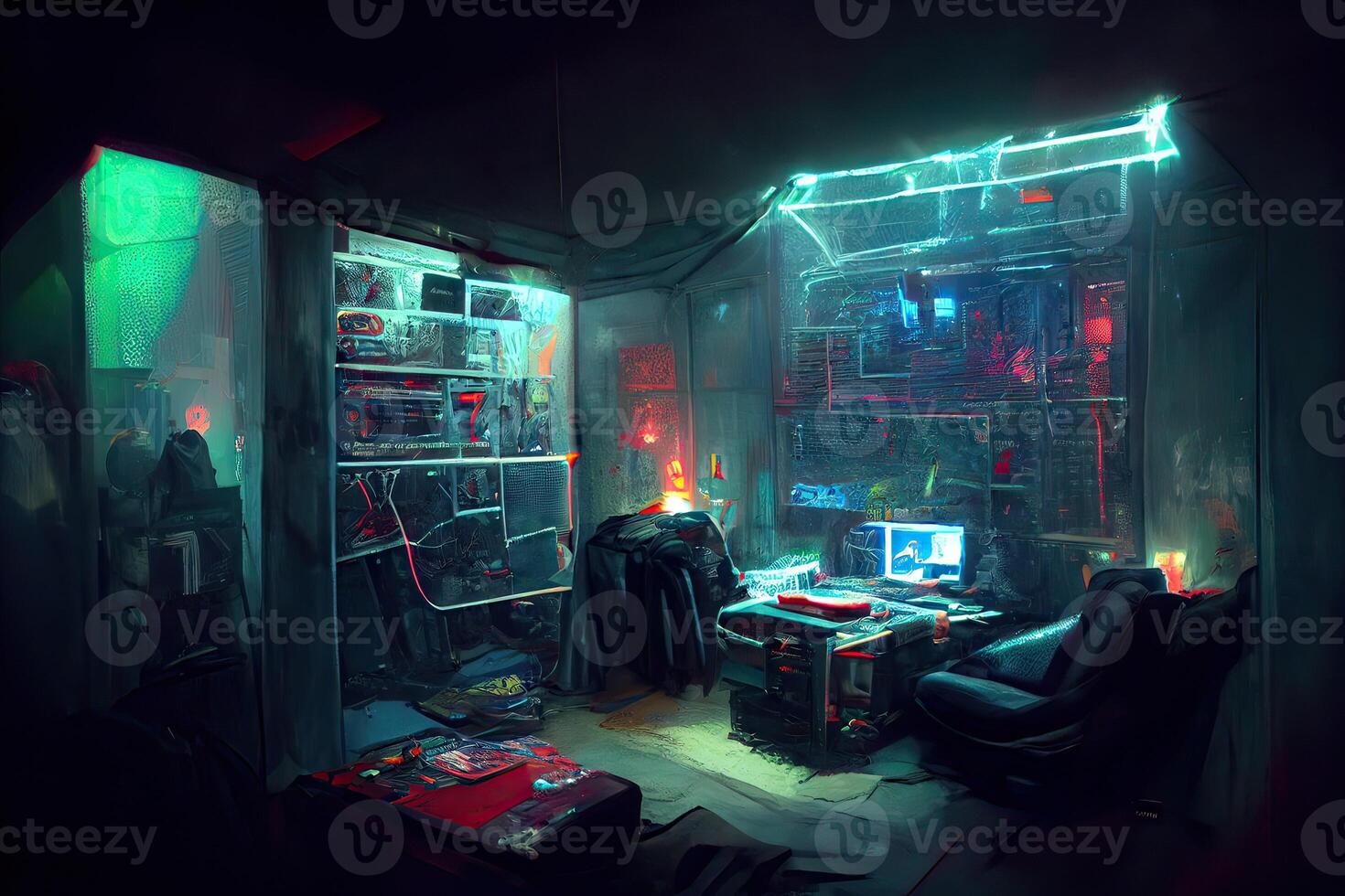 generativo ai ilustración de sucio y oscuro cyberpunk hacker escondite habitación con luces foto