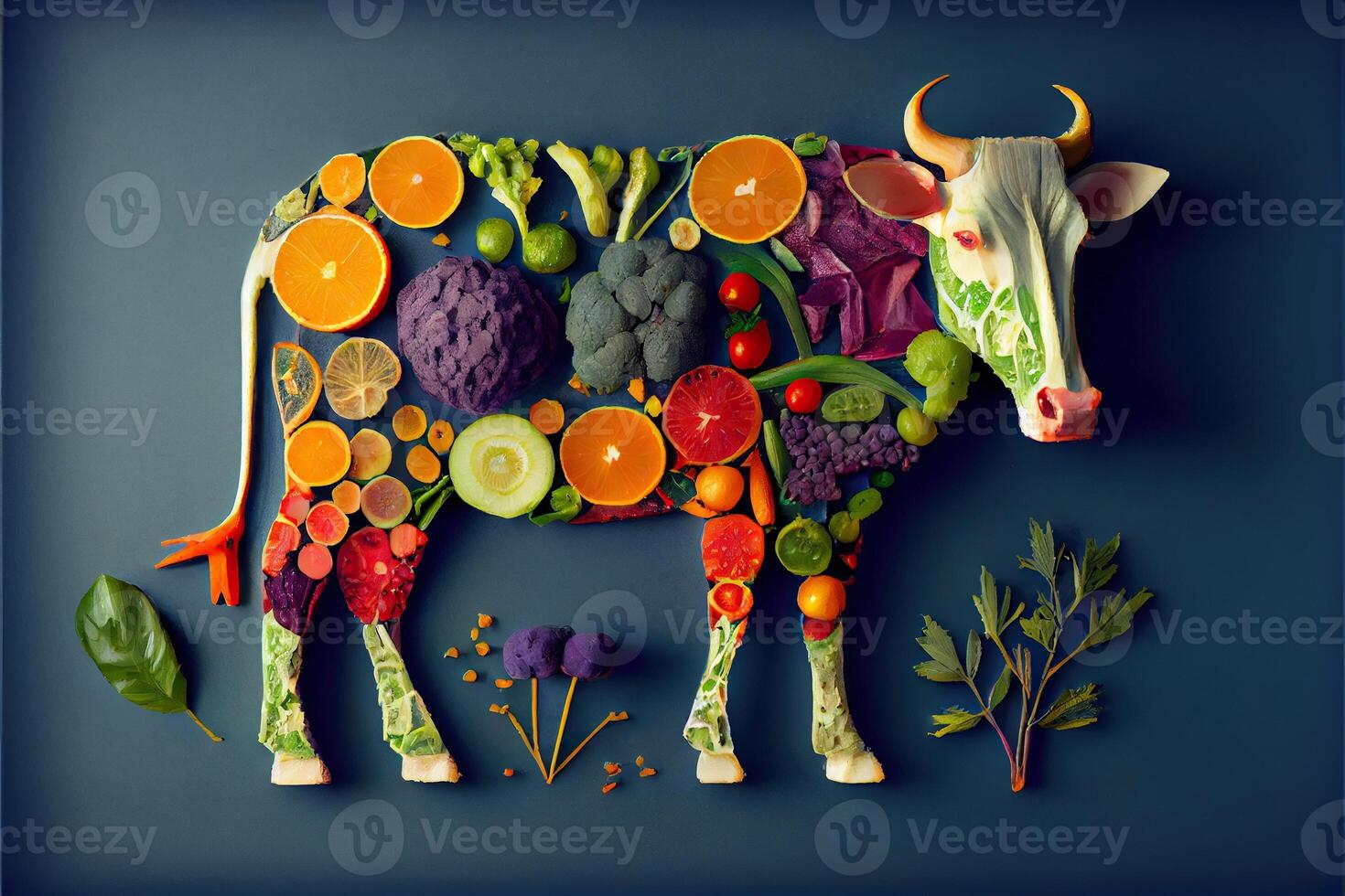 illustration of a cow made of fresh fruits and vegetables photo