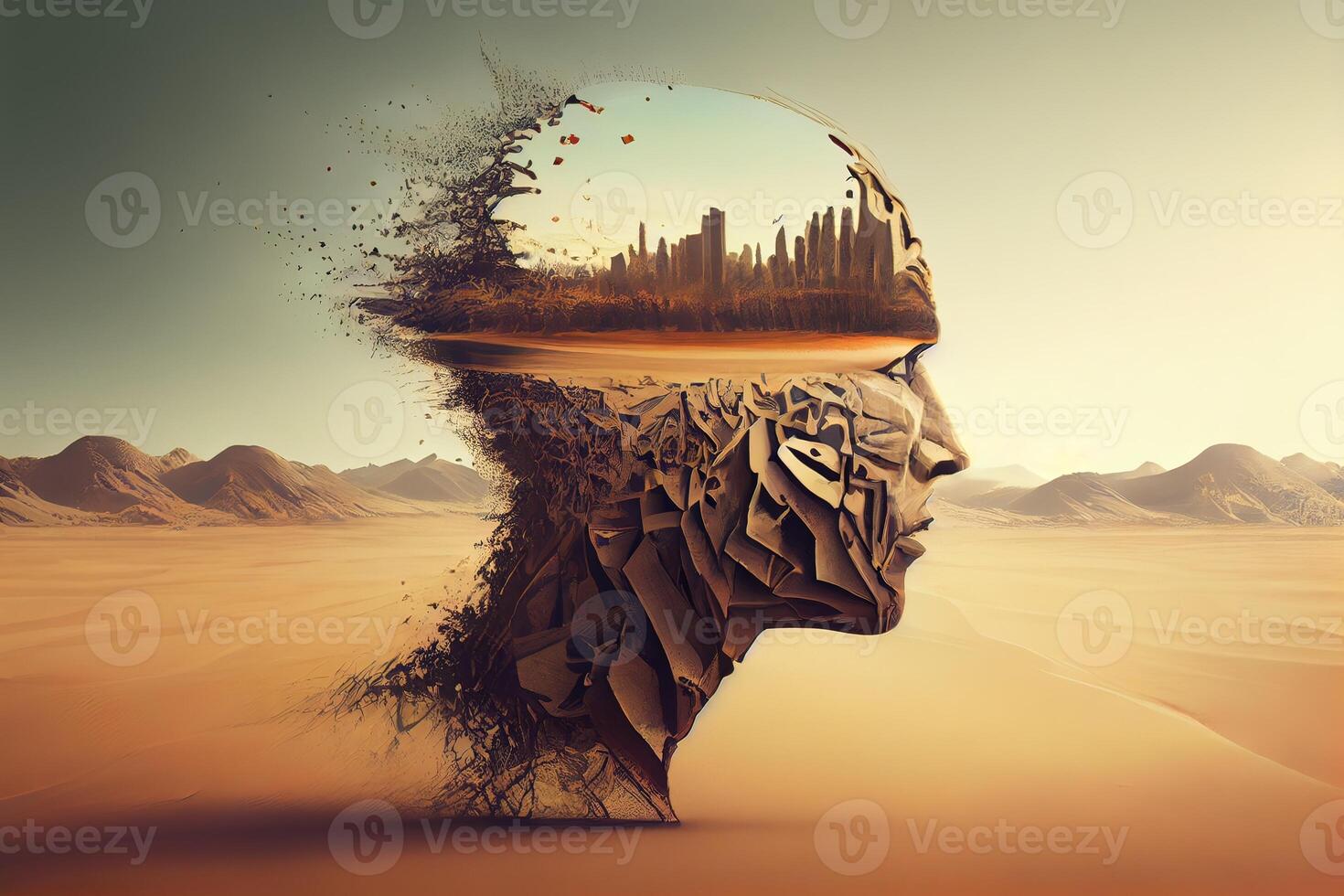 illustration of a mind in flux, a surreal digital artwork of a person's face fragmented into disparate states, state in mind, sad, negative, worry photo