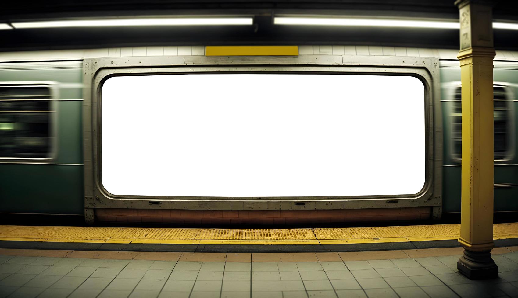 vacío cartelera en subterraneo con tren Moviente en el fondo, vacío espacio anuncio junta, márketing bandera anuncio espacio en subterraneo, anuncio cartelera cerca tren foto