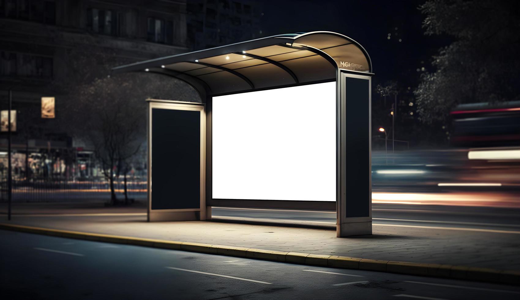 Modern Empty space advertisement board, blank white signboard in city in night, Bus stand empty billboard in night, Marketing banner ad space in city, Advertisement billboard on bus stand in city photo