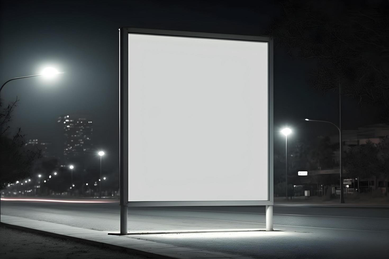 vacío espacio anuncio junta, blanco blanco letrero en borde del camino en ciudad, vertical blanco cartelera en ciudad en noche hora foto