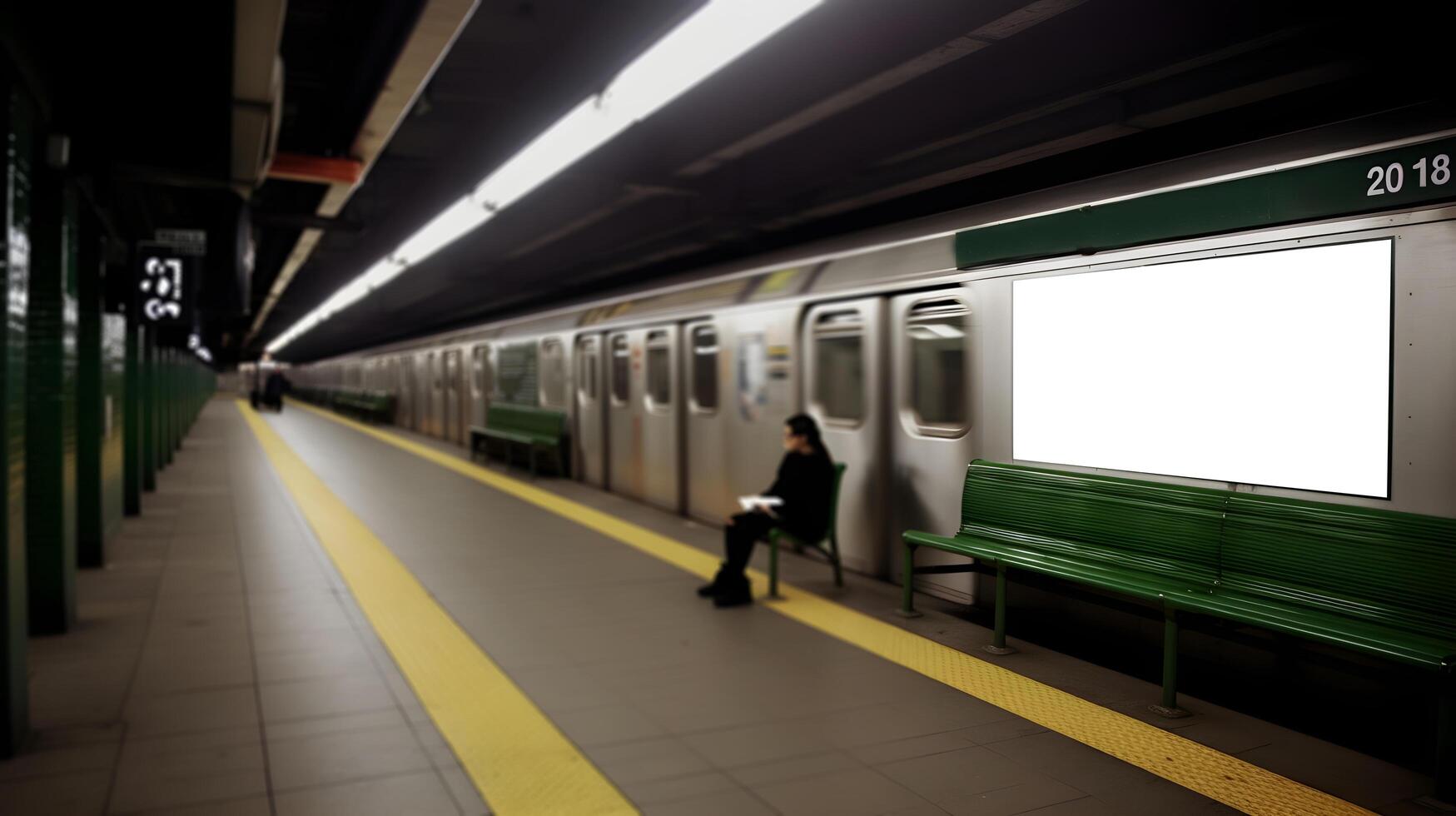 vacío márketing Anuncio espacio a subterráneo tren estación con tren paso por en el fondo, generativo ai, cartelera Bosquejo a estación de tren, anuncio monitor espacio a subterráneo subterraneo foto