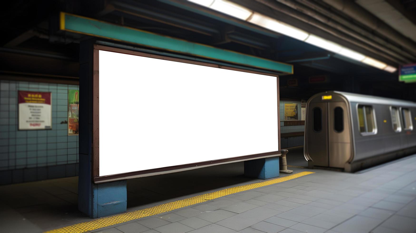 Empty subway billboard mockup, Blank white landscape advertisment billboard in subway station for marketing banner, Ad display space at underground subway, Free Photo