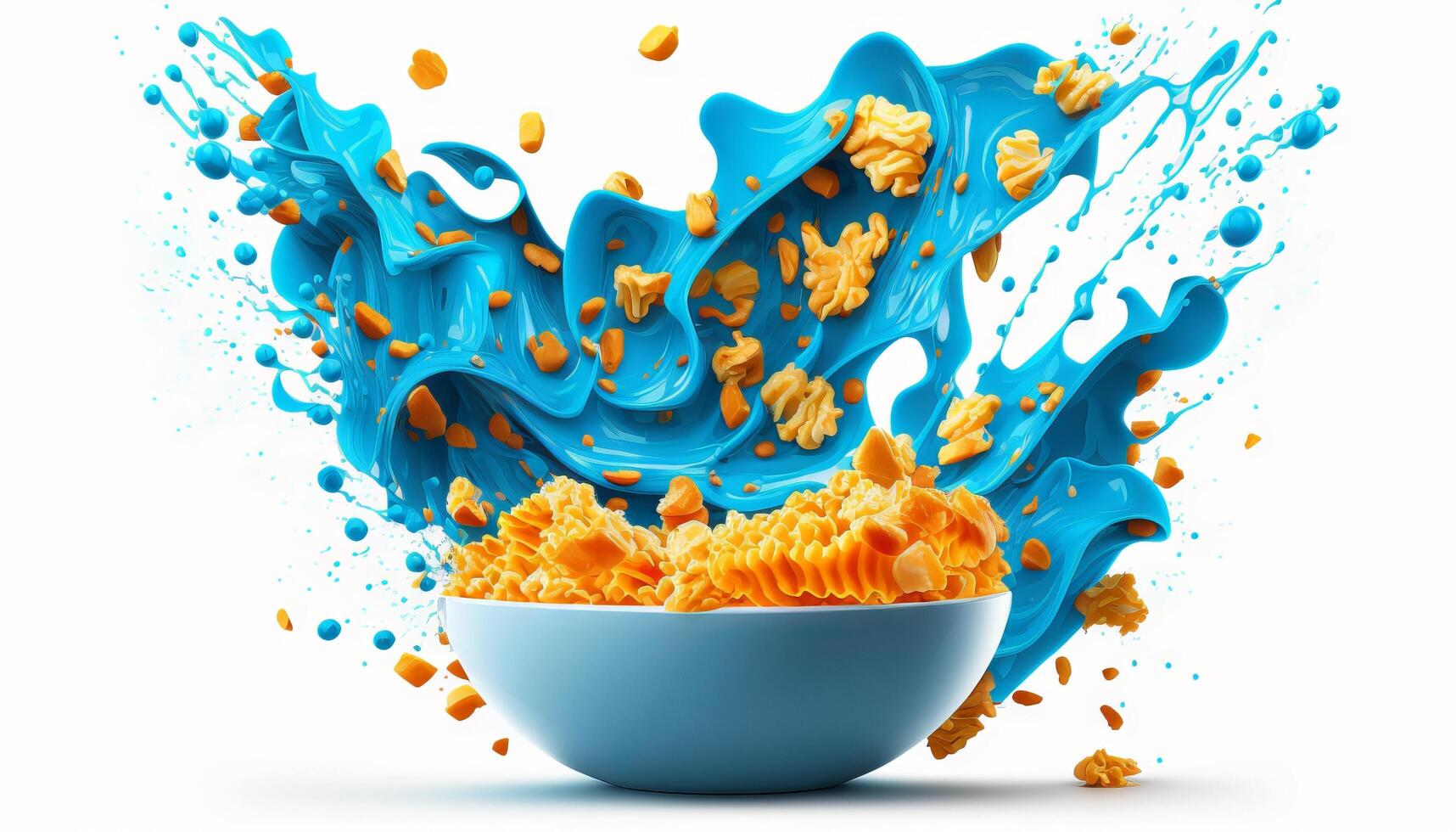 cornflakes in blue bowl. Breakfast cereal with splashing milk isolated on white background. photo