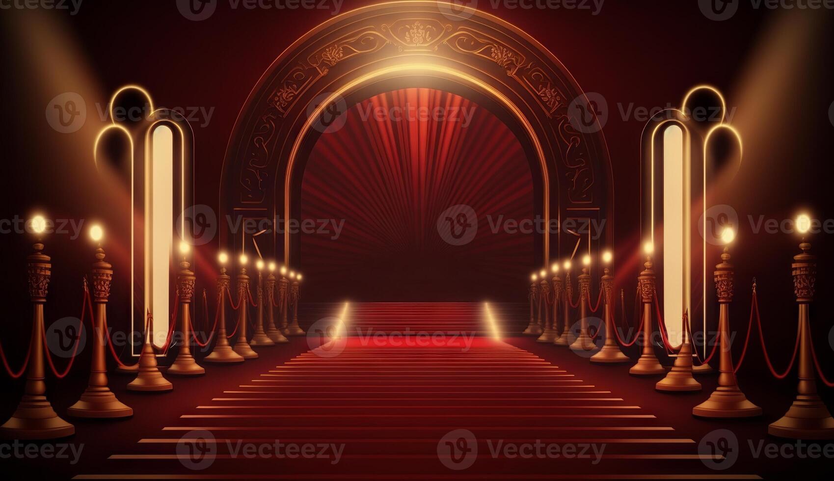 Red Carpet Bollywood Stage. Steps Spot Lights. Golden Royal Awards Graphics Background. photo