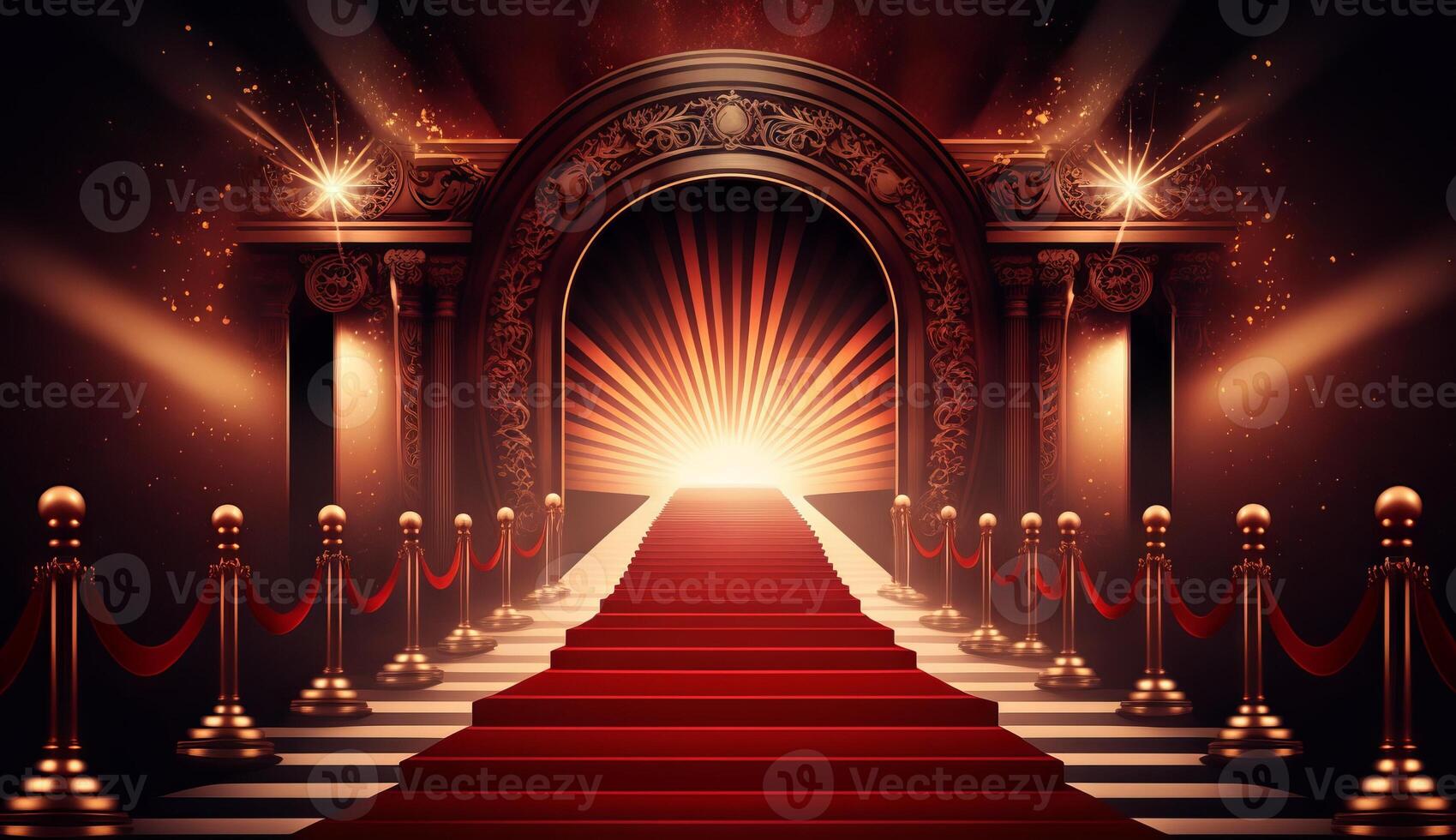 Red Carpet Bollywood Stage. Steps Spot Lights. Golden Royal Awards Graphics Background. photo