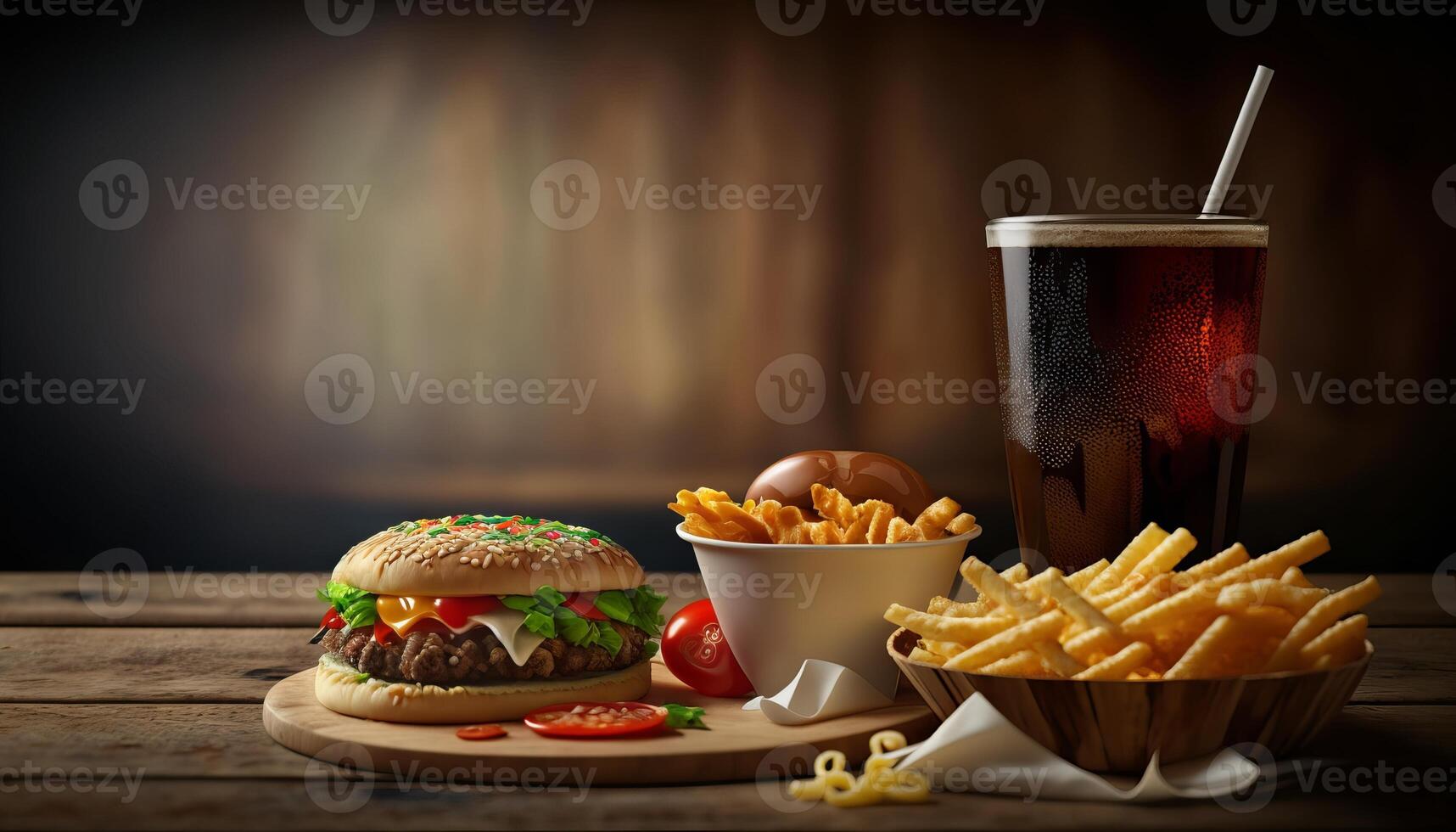 fast food and unhealthy eating concept - close up of fast food snacks and cola drink on wooden table. photo