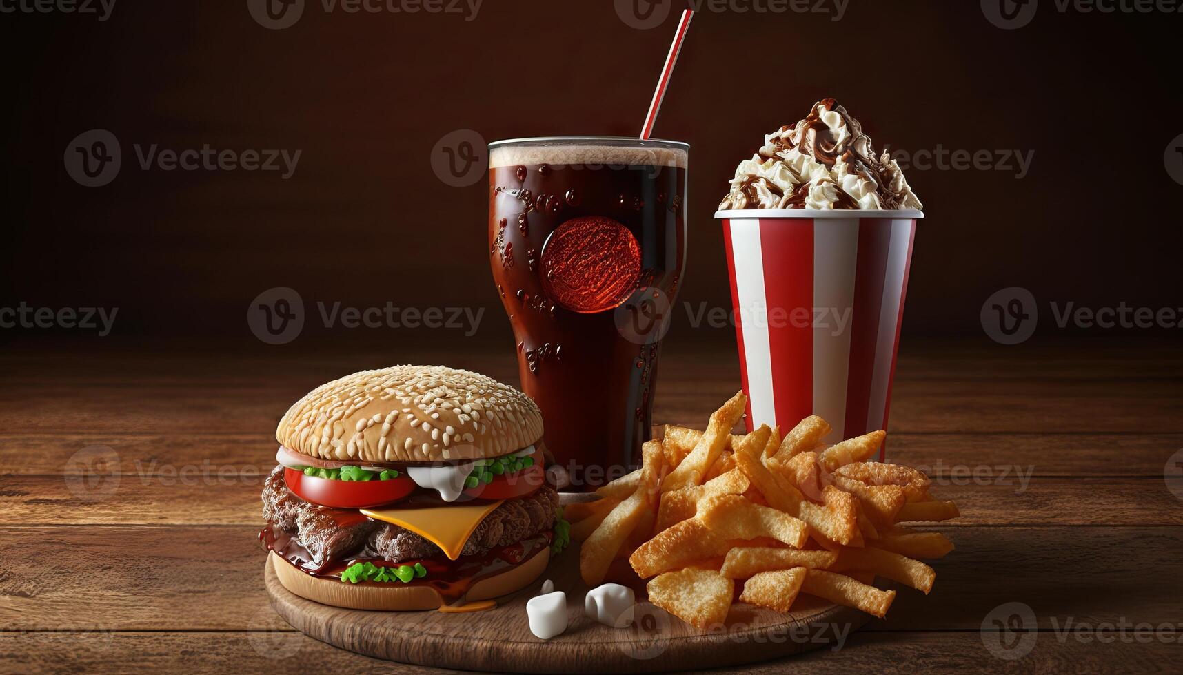 fast food and unhealthy eating concept - close up of fast food snacks and cola drink on wooden table. photo