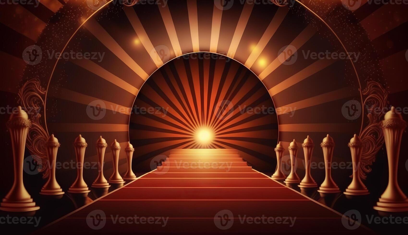 Red Carpet Bollywood Stage. Steps Spot Lights. Golden Royal Awards Graphics Background. photo