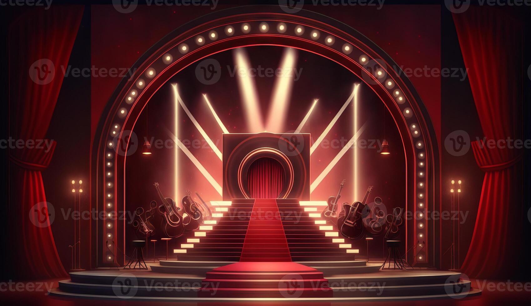Stage for a show or TV entertainment with microphone, stairs, red curtains, spotlights, illumination and decor. photo
