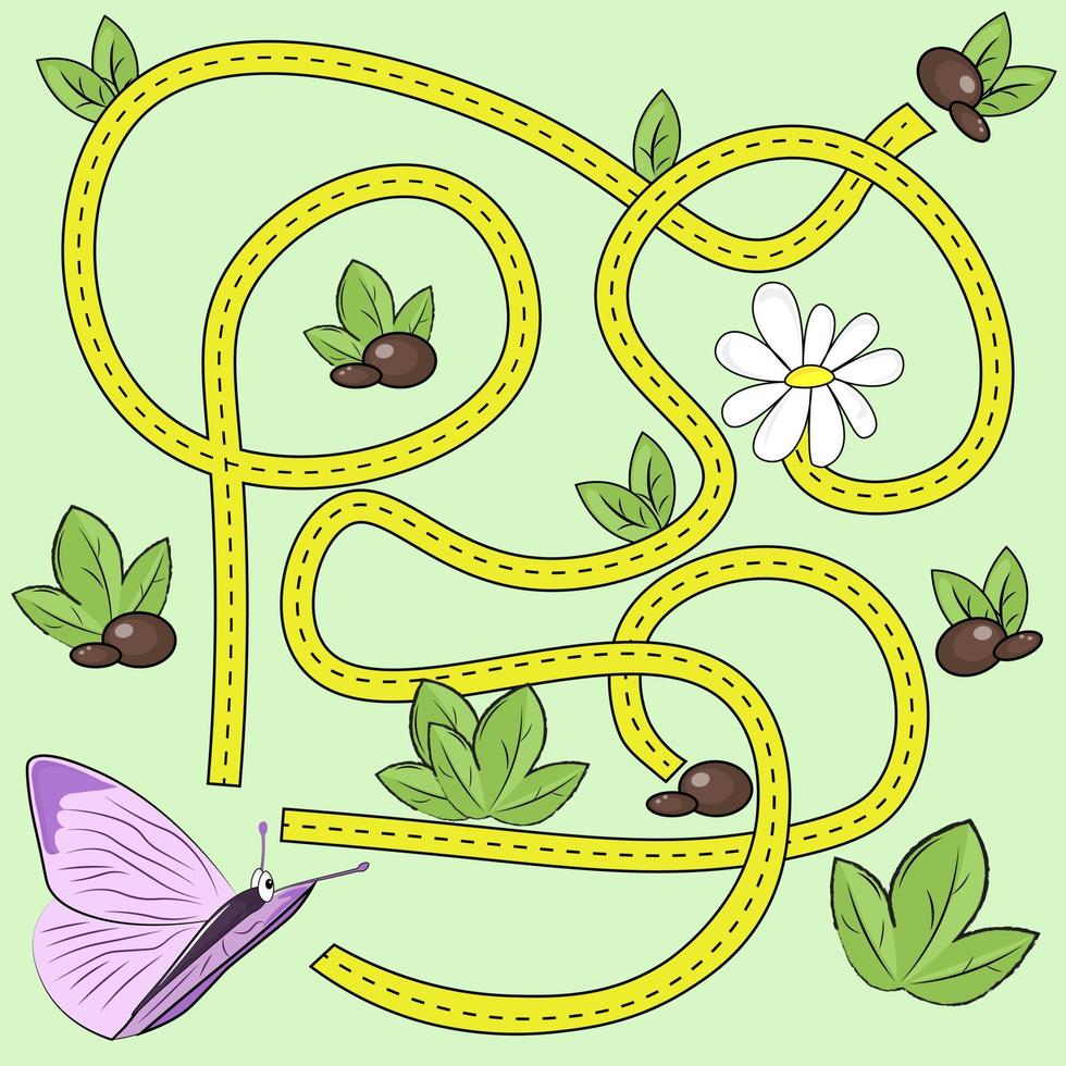 Maze game. Help the butterfly find the flower. Insect themed activity for kids, babies vector
