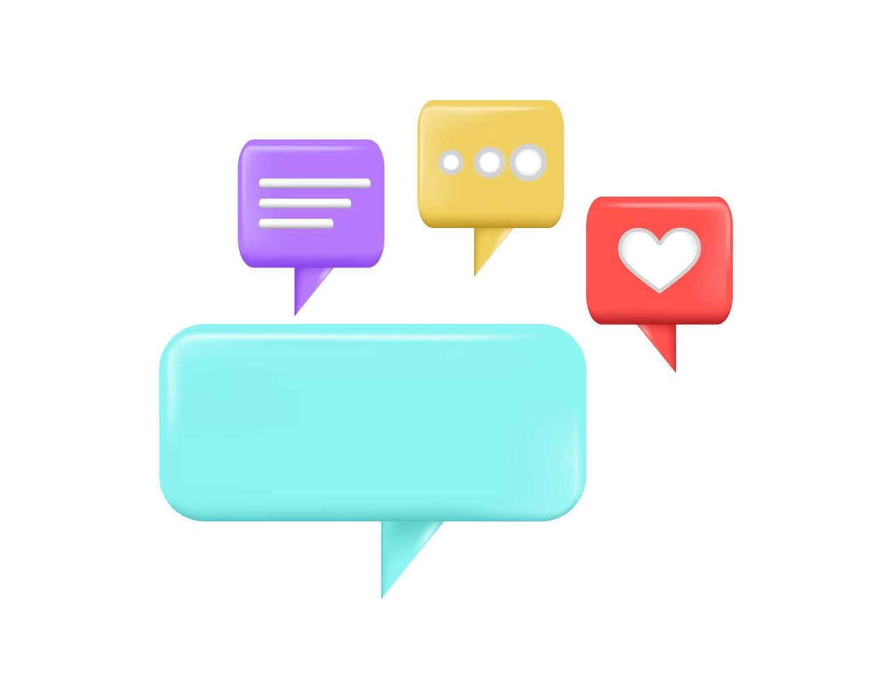 Set of 3D bubble speech chat icons notifications. Chat button, likes button and message notification vector illustration