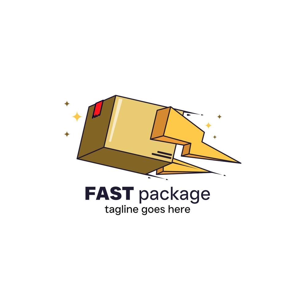 Fast delivery package logo template design. Parcel cardboard box package delivery logo icon with lightning flash. Vector illustration