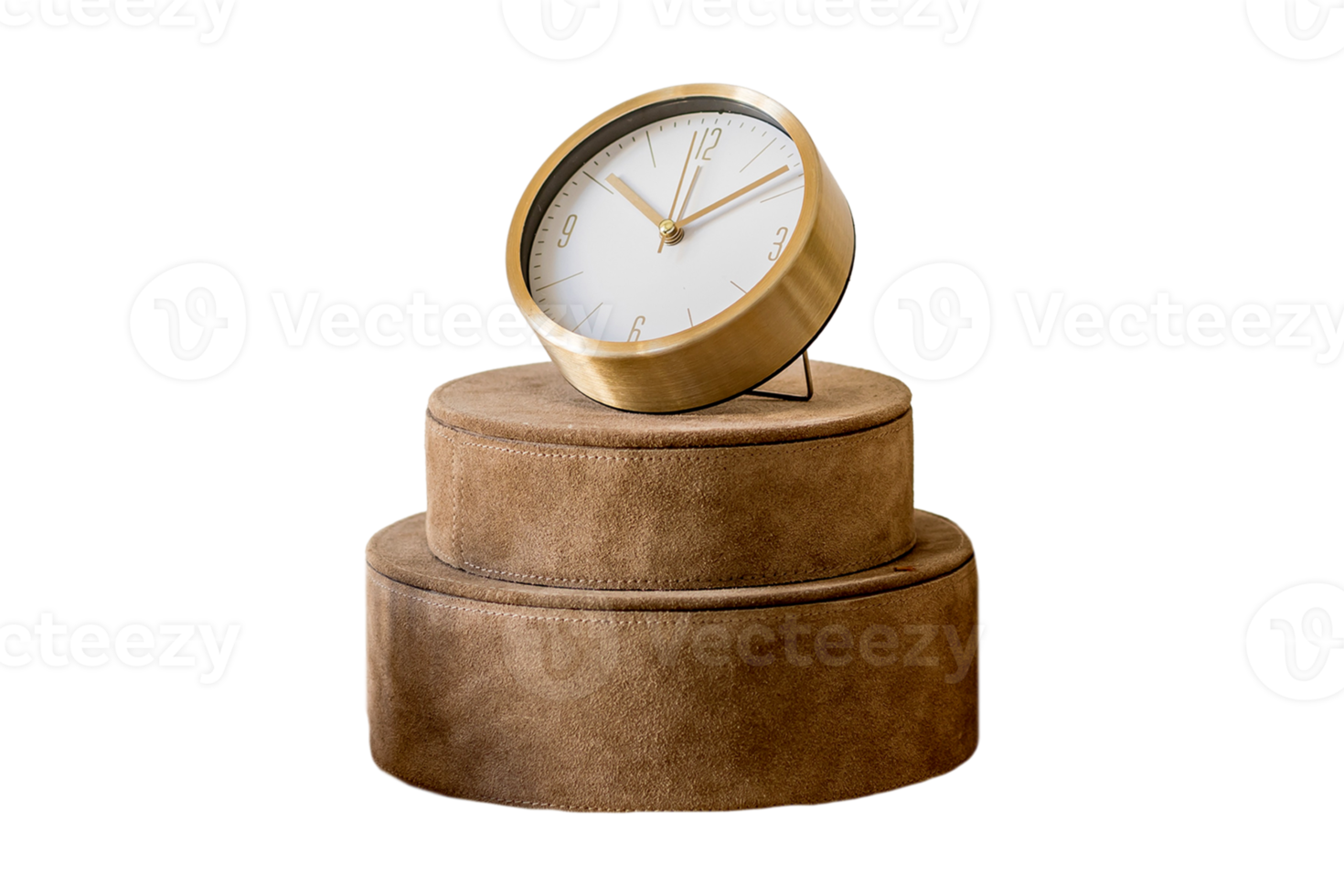 Golden clock with a brown clock stand isolated on a transparent background png