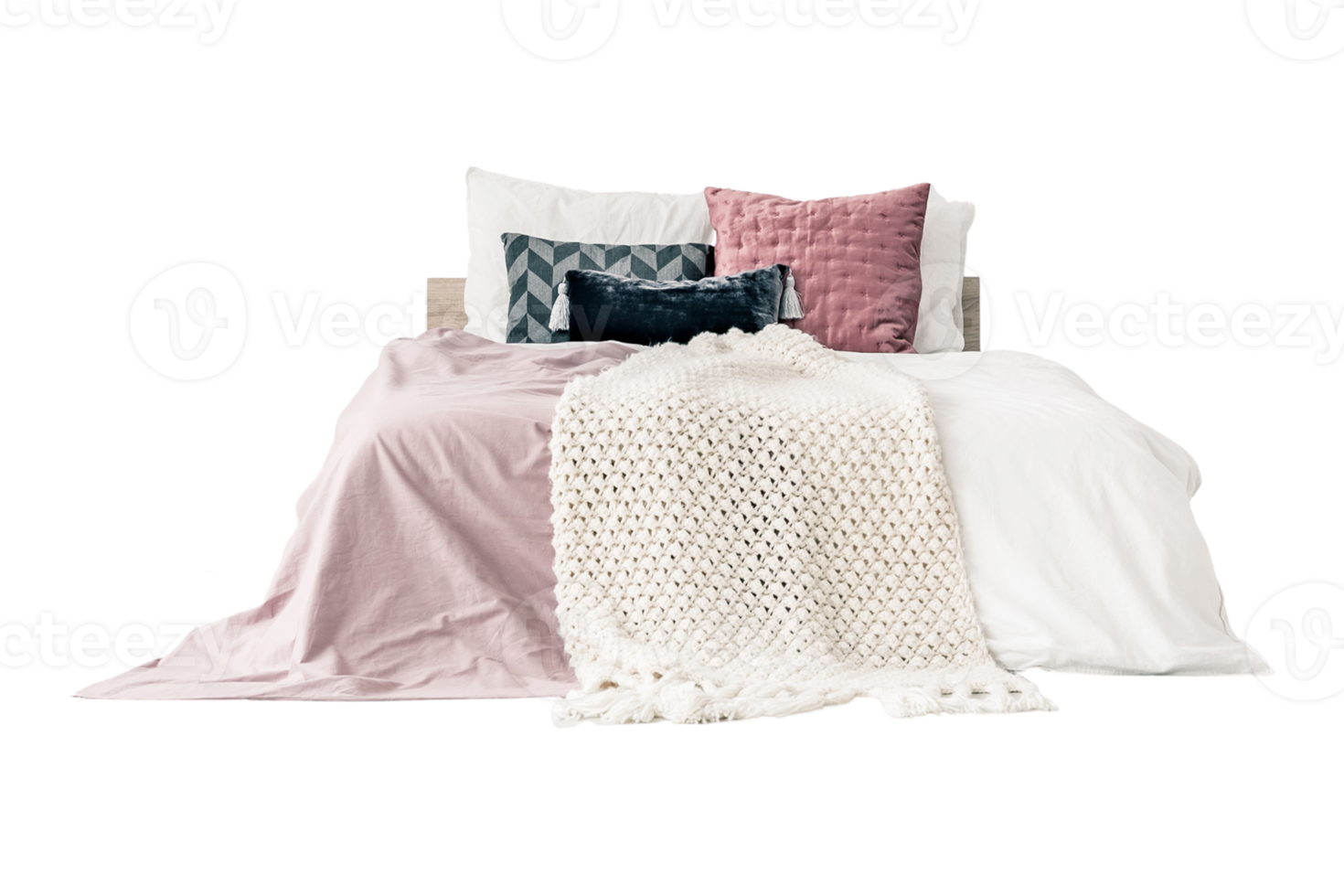 Bed with pink an white sheet, pillows and blanket isolated on a transparent background 22696030 PNG