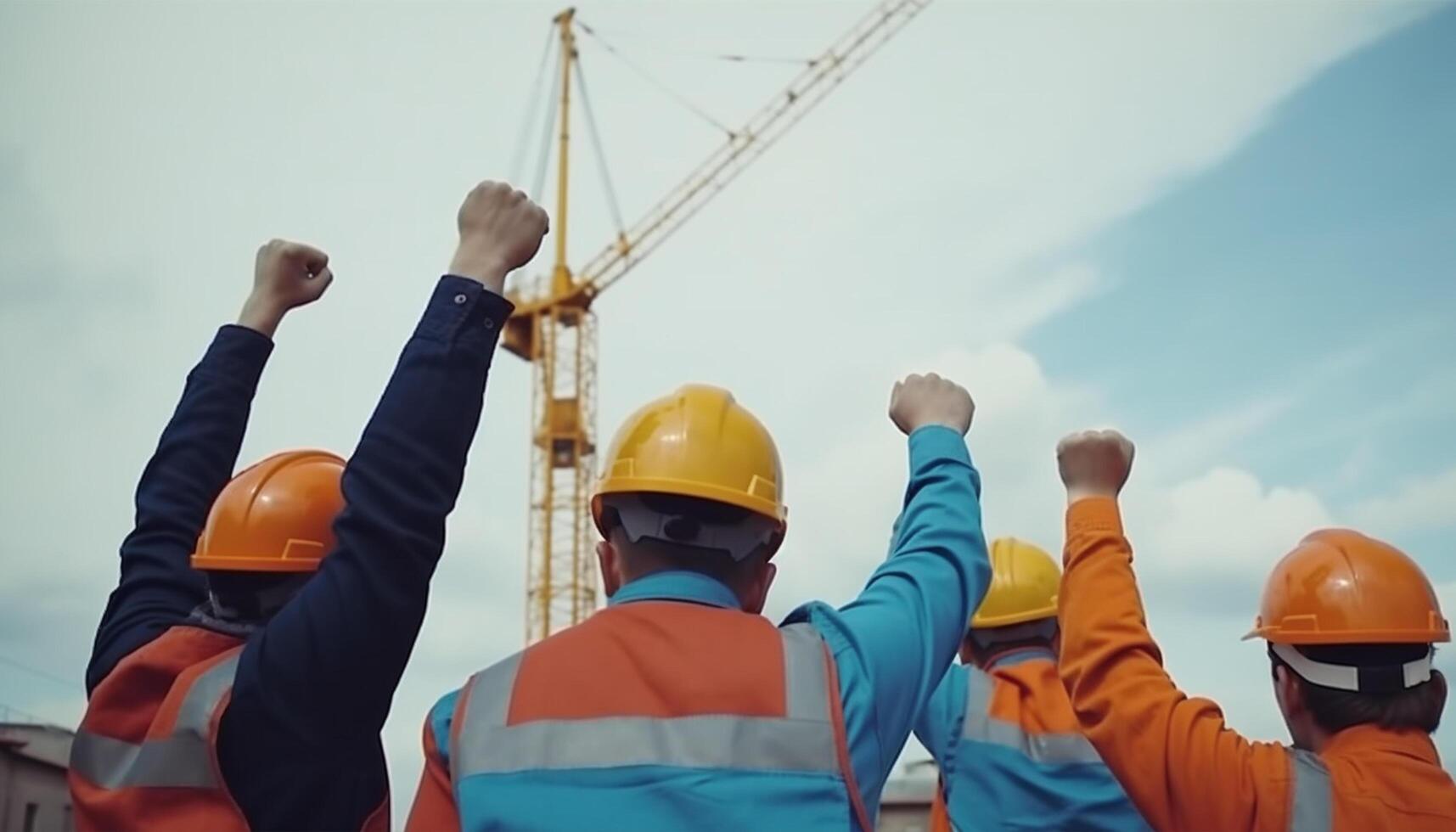 construction workers raise their hands in the air labor day, AI